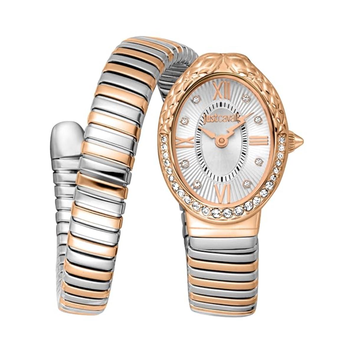 Two-tone watch with silver and rose gold band on a white background