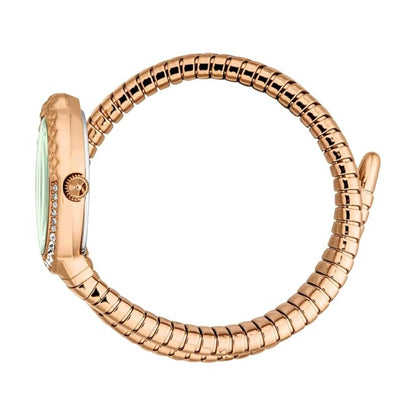 Rose gold ring with a clear gemstone on a white background
