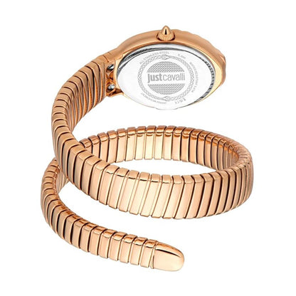Rose gold watch with snake-like design on a white background