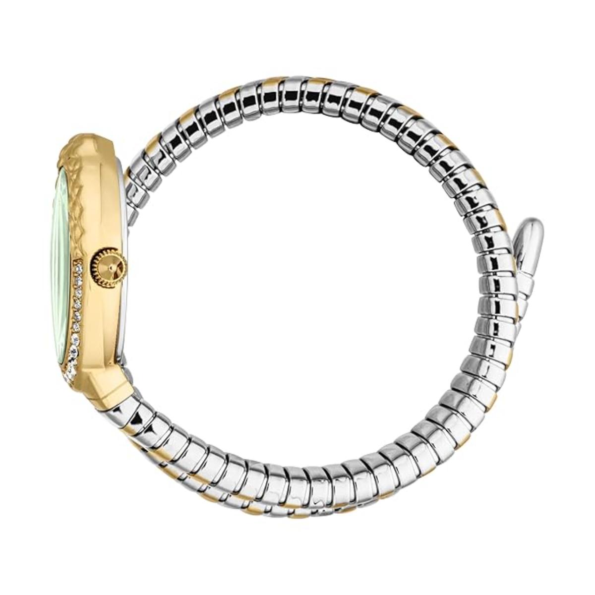 Two-tone watch with gold and silver band on a white background