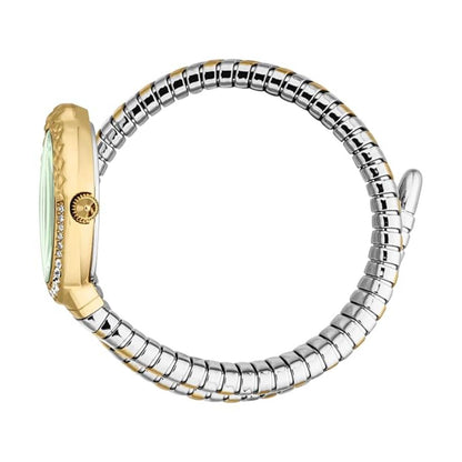 Two-tone watch with gold and silver band on a white background
