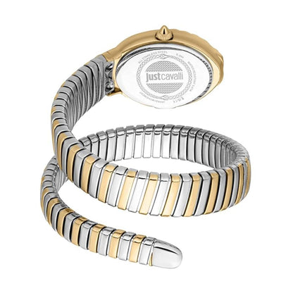 Two-tone spiral watch with 'just cavalli' branding on a white background