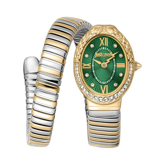 Two-tone watch with green face and gold accents on a white background