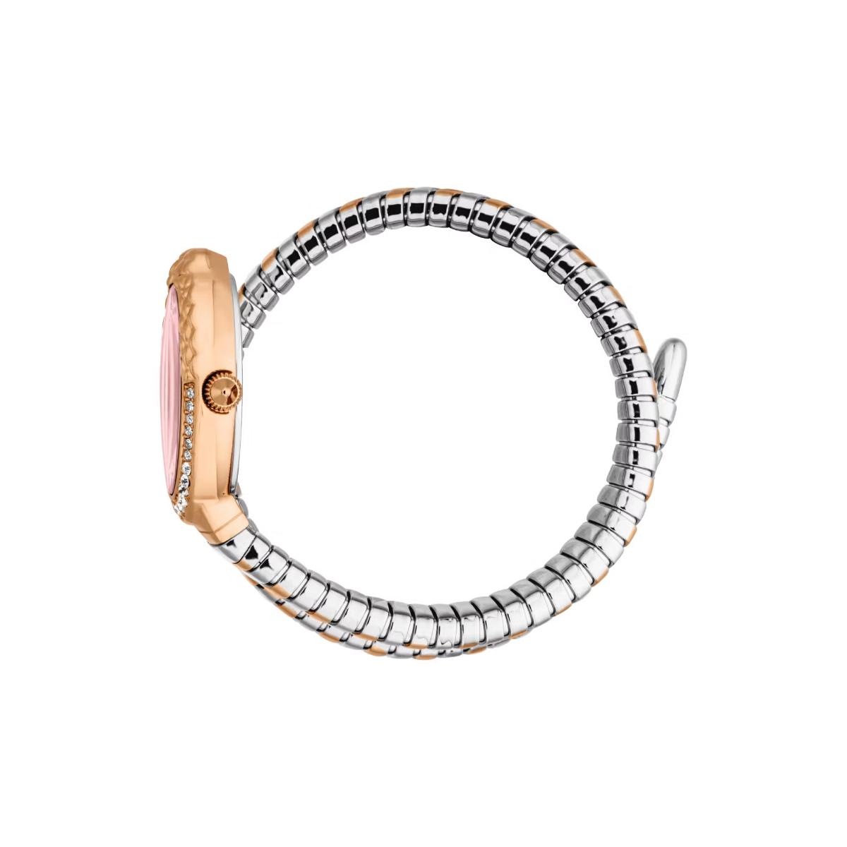Two-tone bracelet with rose gold and silver design on a white background