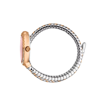Two-tone bracelet with rose gold and silver design on a white background