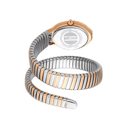 Two-tone watch with rose gold and silver band on a white background