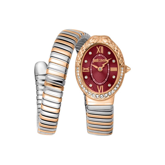 Two-tone watch with a red face and matching bracelet on a white background