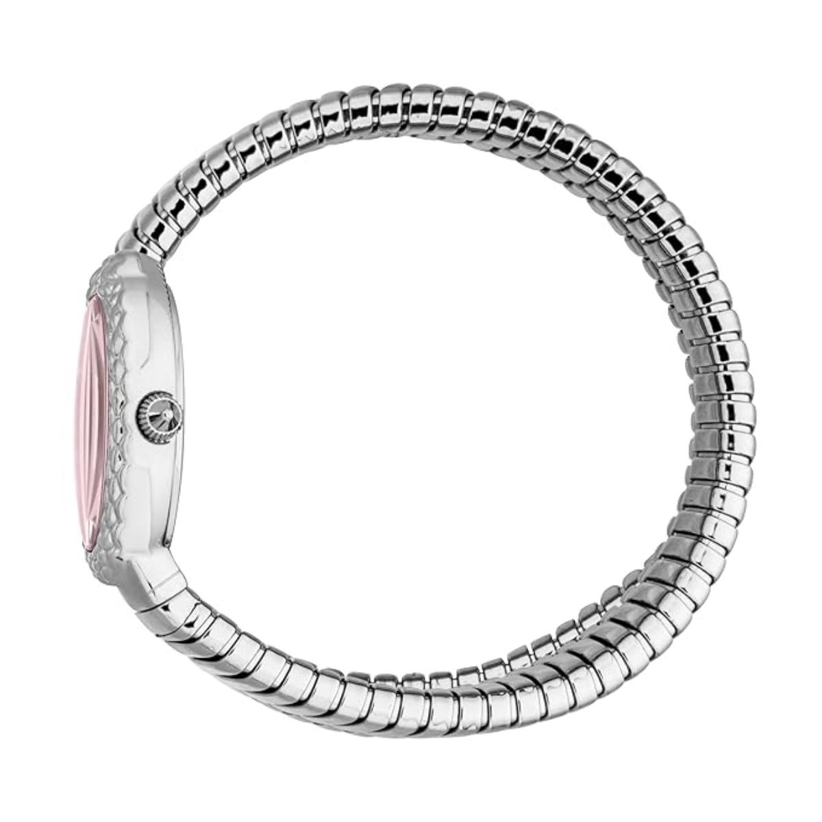 Silver bracelet with a pink interior on a white background