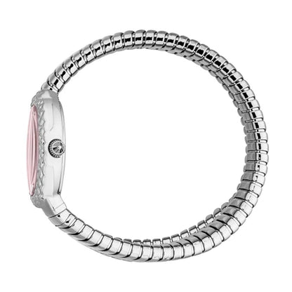 Silver bracelet with a pink interior on a white background