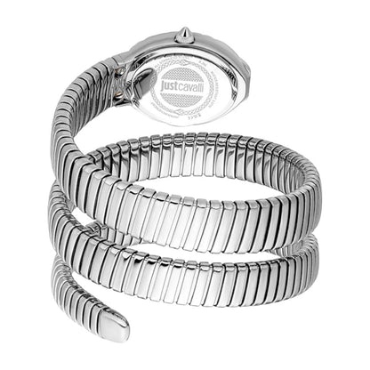 Silver spiral watch with Just Cavalli branding on a white background