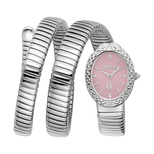 Silver watch and bracelet set with pink dial on a white background