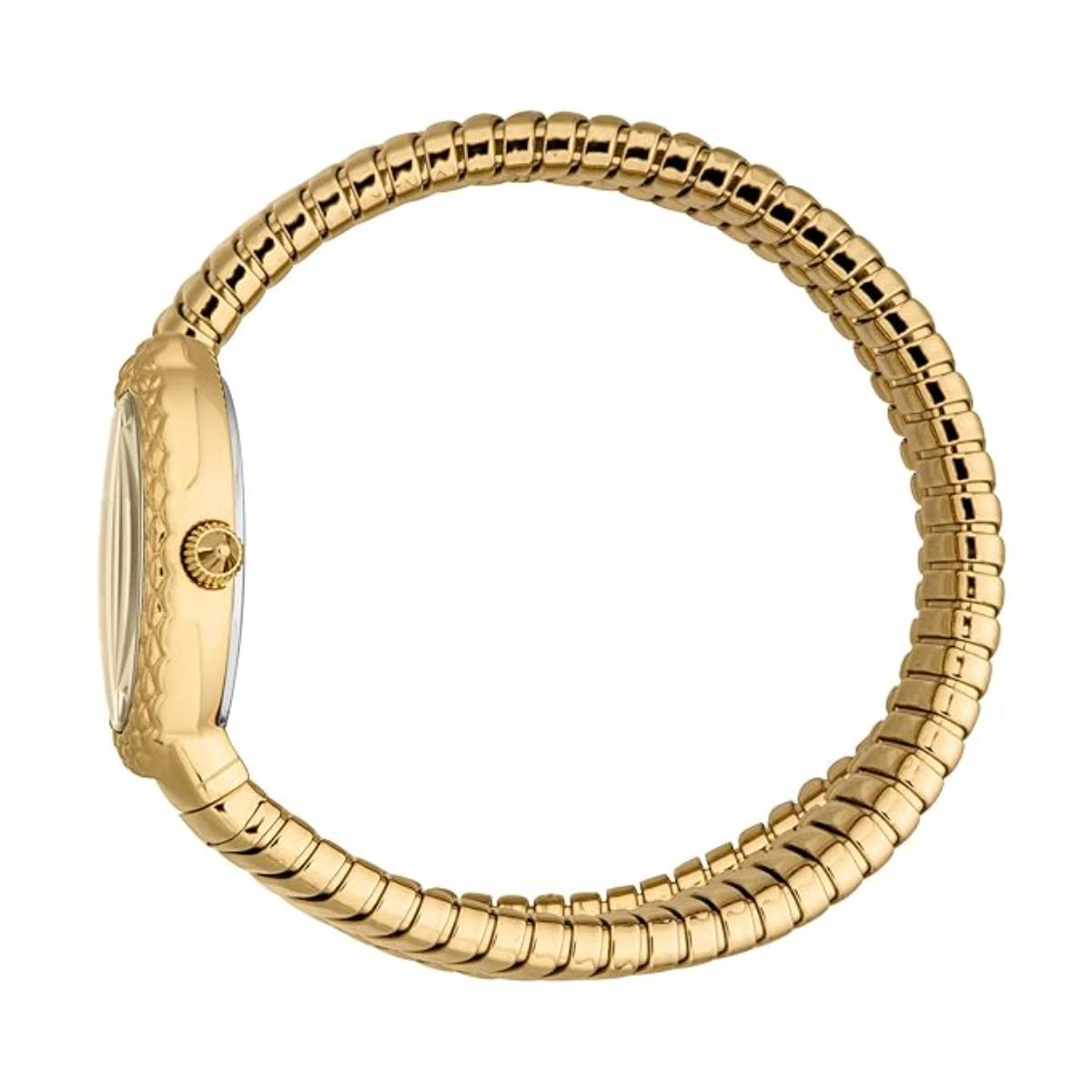 Gold watch with a textured band on a white background