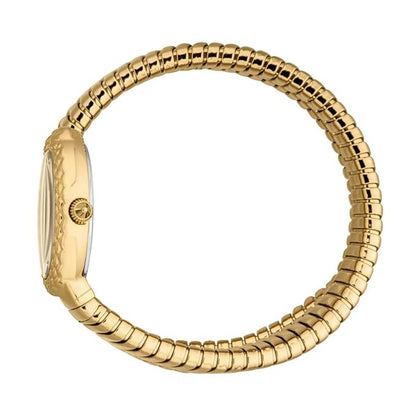 Gold watch with a textured band on a white background