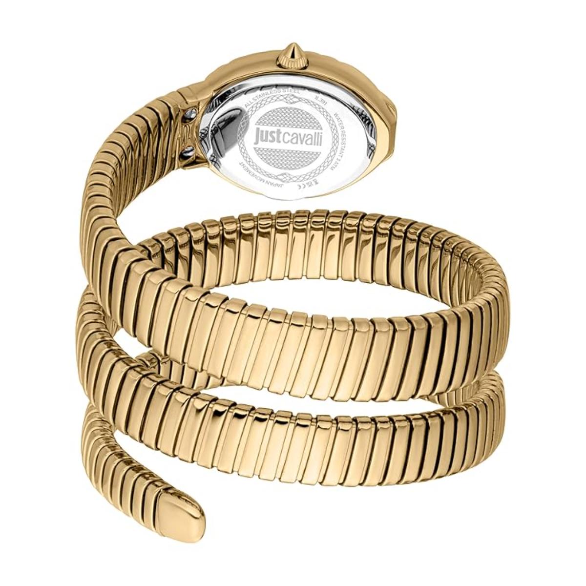 Gold snake-shaped watch with Just Cavalli branding on a white background