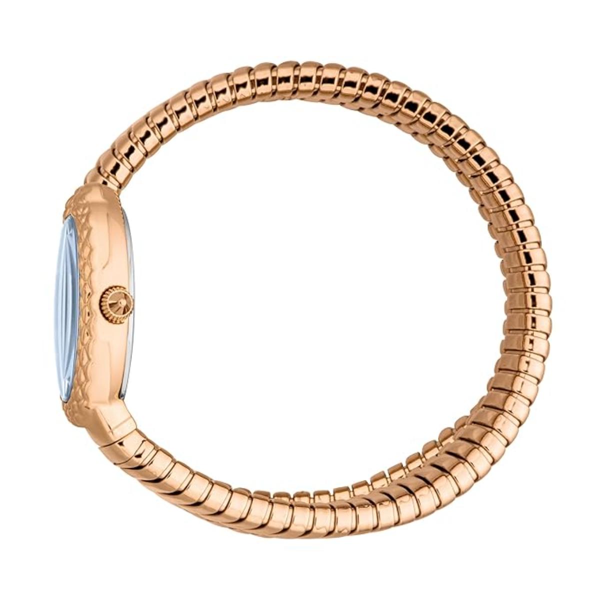Rose gold ring with a blue gemstone on a white background