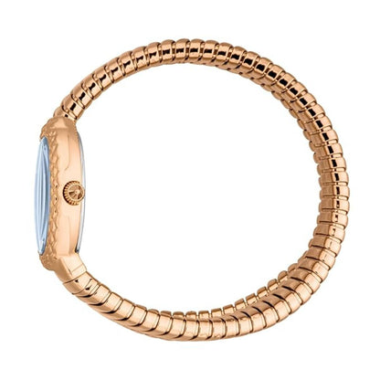Rose gold ring with a blue gemstone on a white background