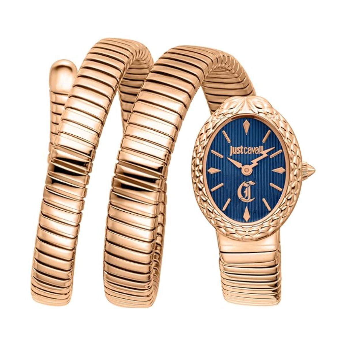 Rose gold bracelet with a watch face featuring the brand 'Just Cavalli' on a white background.