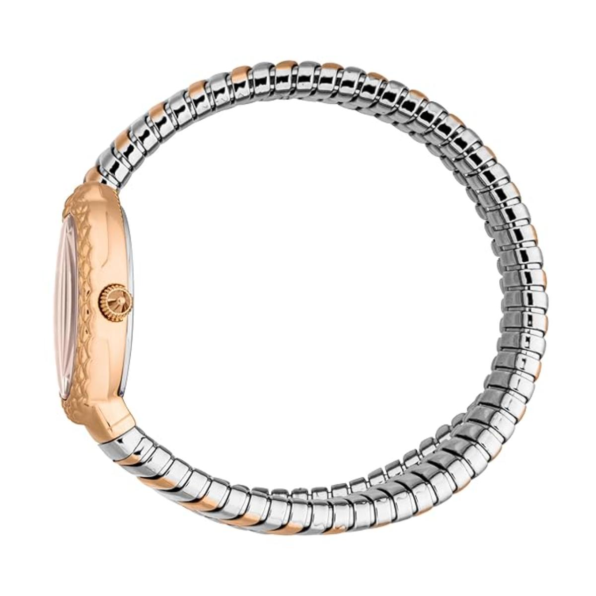 Two-tone watch with rose gold and silver band on a white background