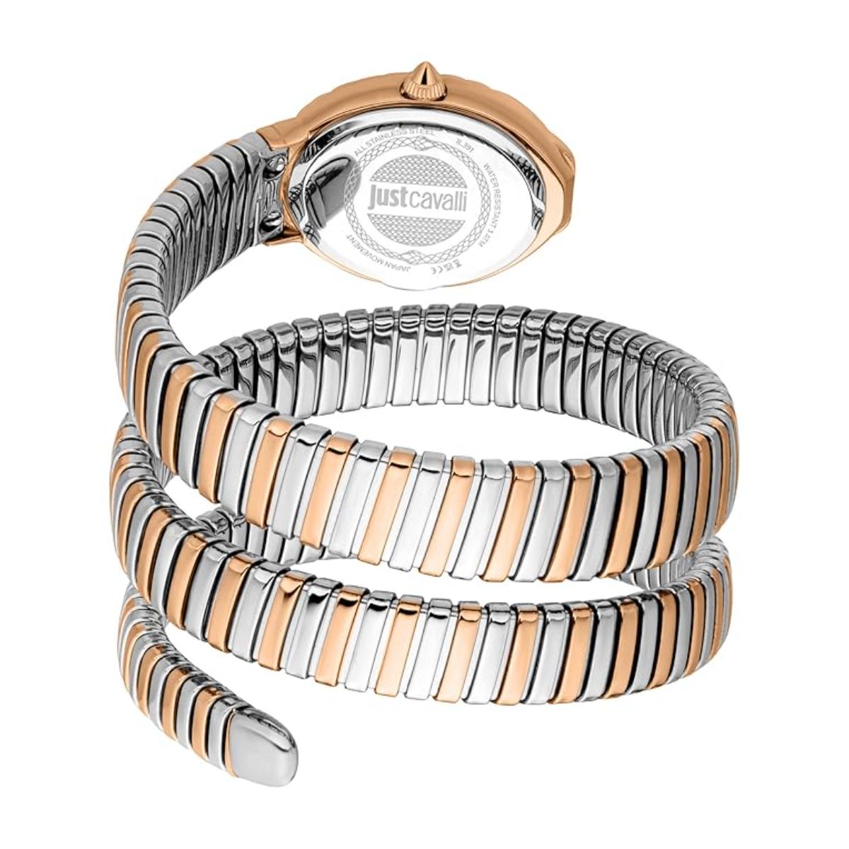 Two-tone watch with Just Cavalli branding on a white background