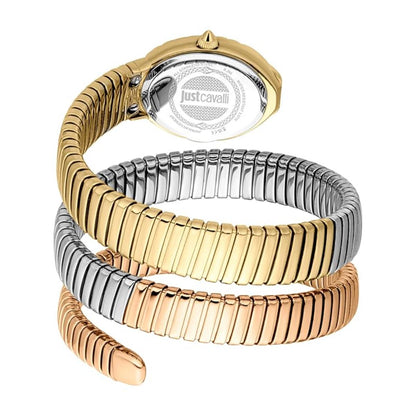 Gold and silver watch with Just Cavalli branding on a white background