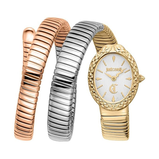 Three gold, silver, and rose gold watches with textured bands on a white background