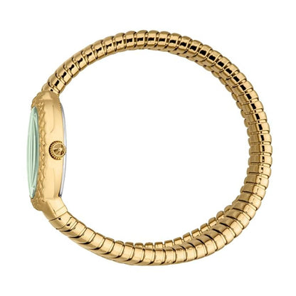 Gold ring with a green gemstone on a white background