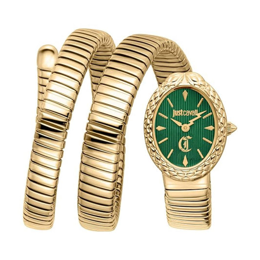 Gold watch with green face and 'Just Cavalli' branding on a white background