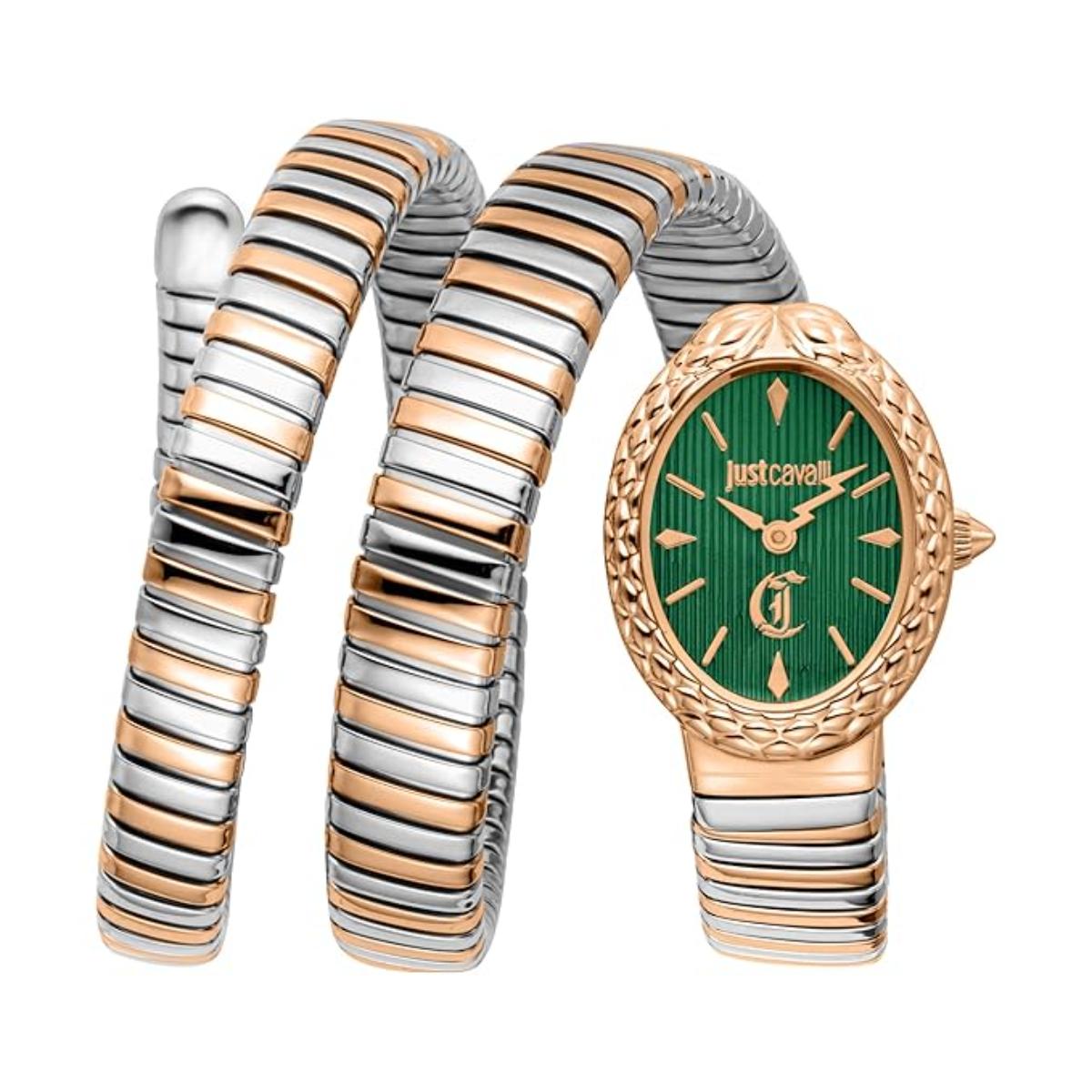Two-tone watch with green face and gold accents on a white background