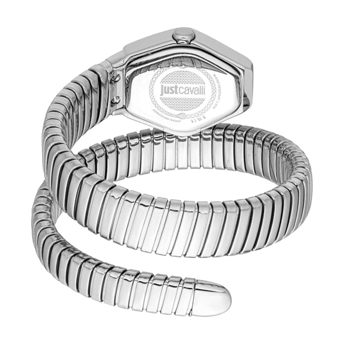 Silver watch with Just Cavalli logo on a white background