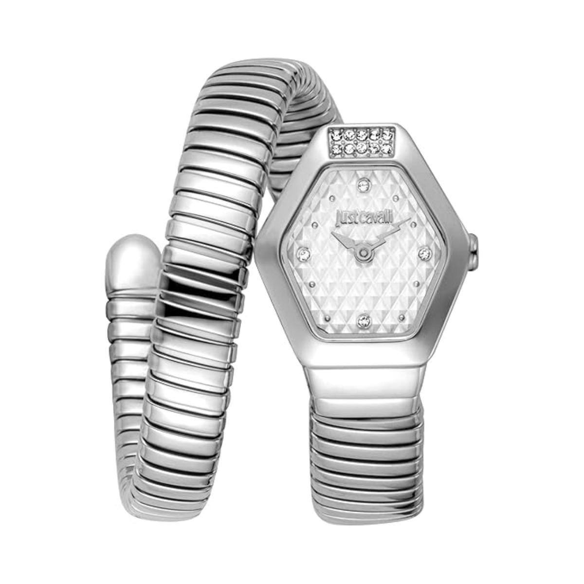 Silver watch with a textured band on a white background
