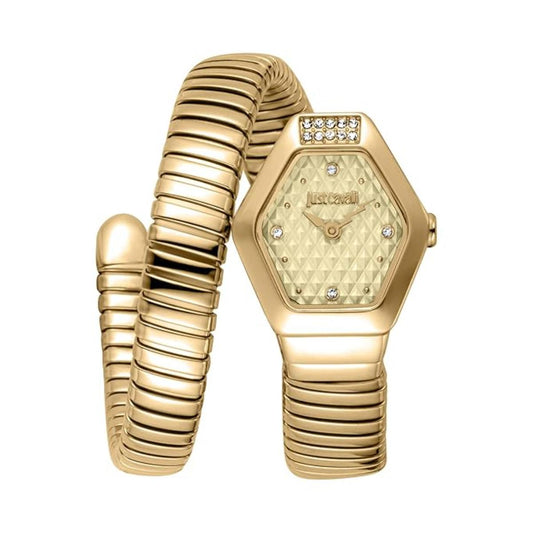 Gold watch with textured band on a white background