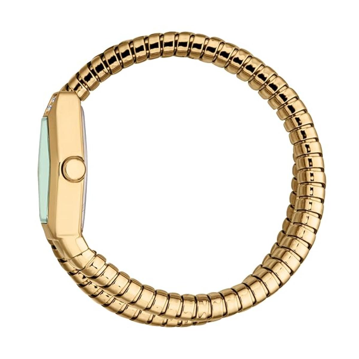 Gold watch band with a white background
