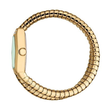 Gold watch band with a white background