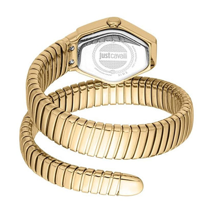 Gold wristwatch with a ribbed design on a white background, featuring the Just Cavalli brand.