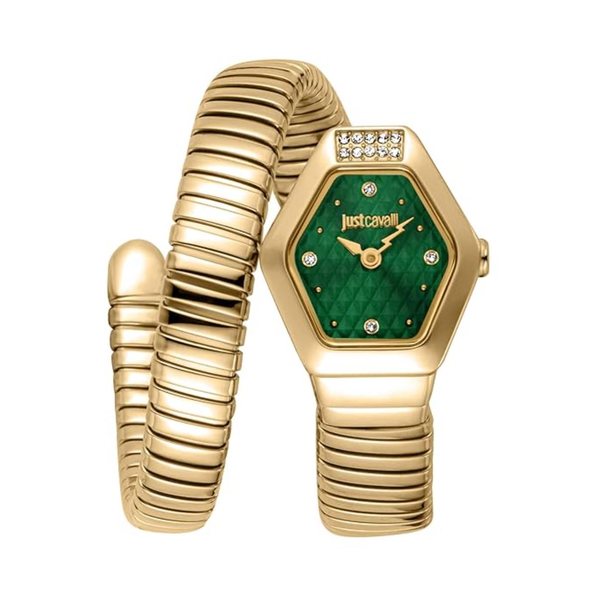 Gold watch with green face and textured band on a white background