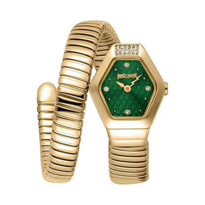 Gold watch with green face and textured band on a white background