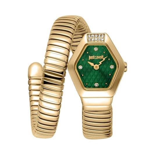 Gold watch with green face and textured band on a white background