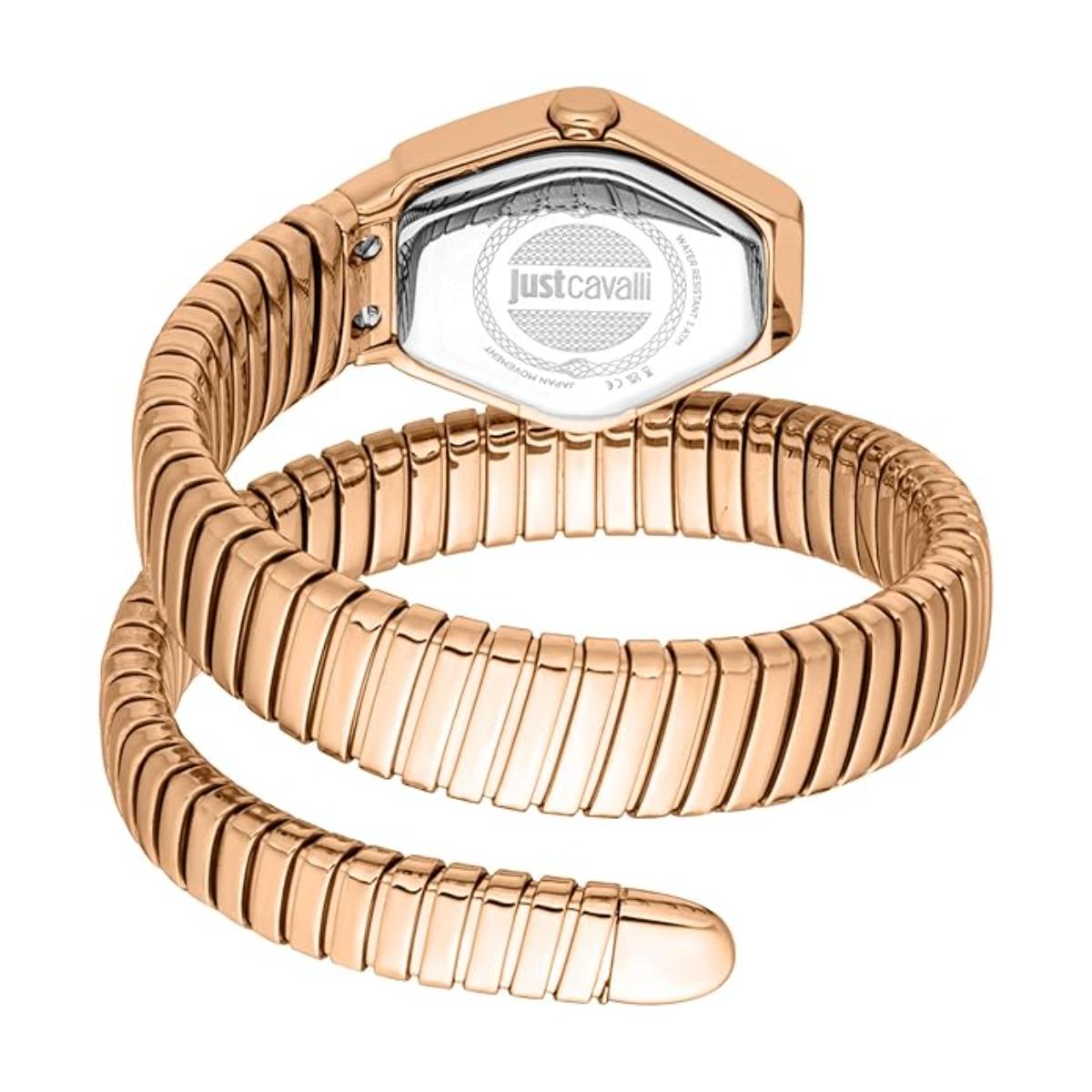 Rose gold watch with 'just cavalli' branding on a white background