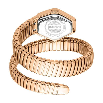 Rose gold watch with 'just cavalli' branding on a white background