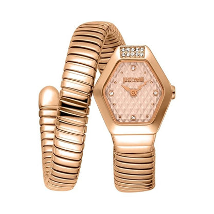 Rose gold watch with unique band design on a white background