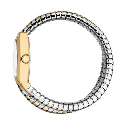 Two-tone watch with silver and gold band on a white background