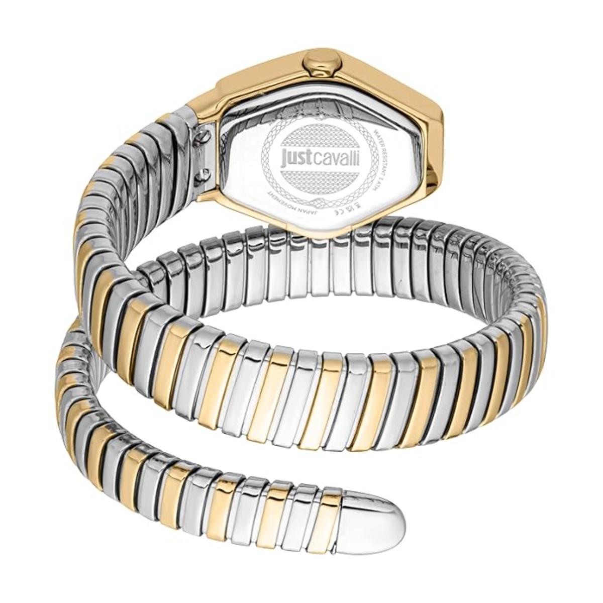 Two-tone watch with 'just cavalli' branding on a white background