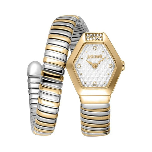 Gold and silver watch with a textured face on a white background