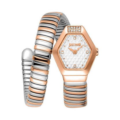 Two-tone watch with a unique strap design on a white background