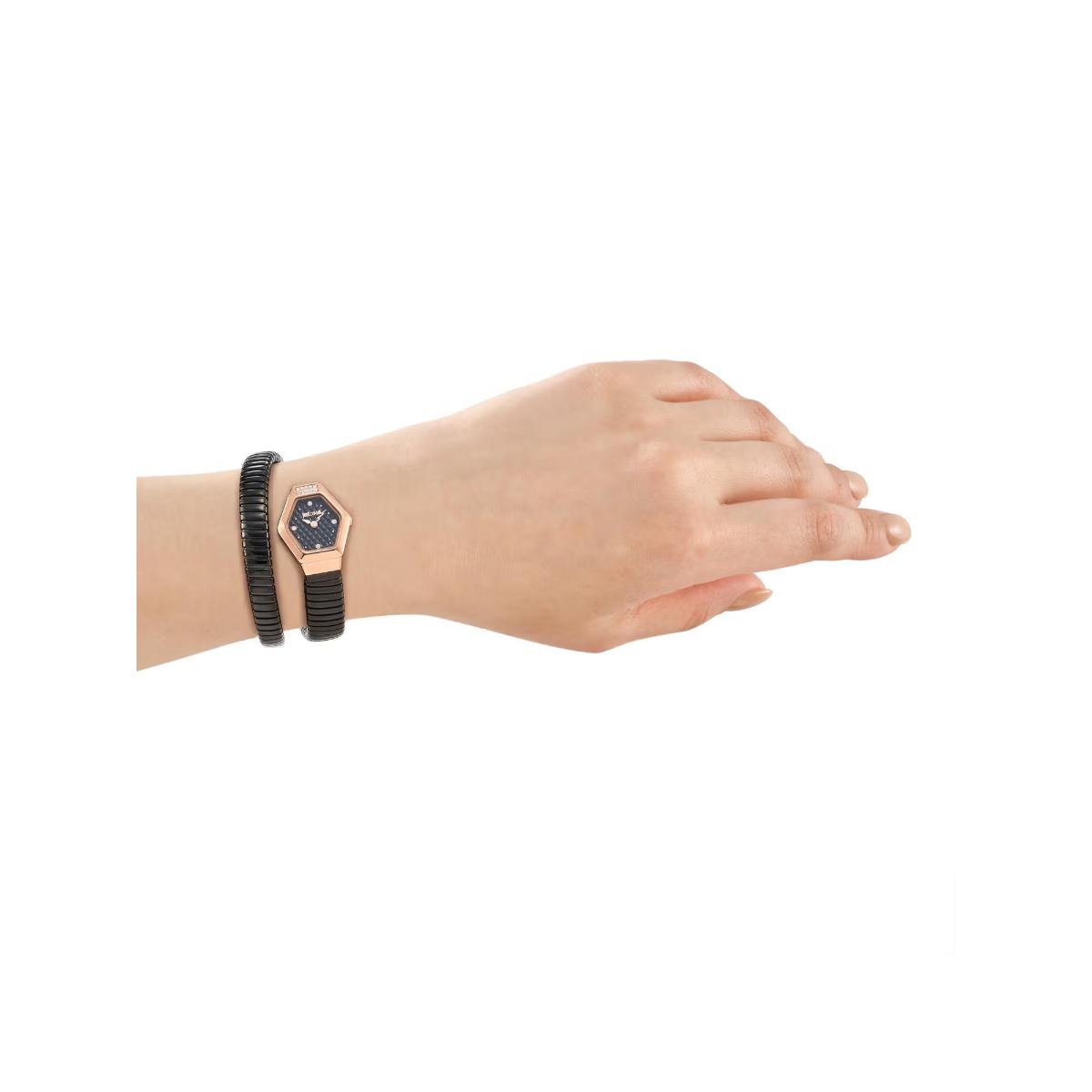 Hand wearing a black watch with a white background