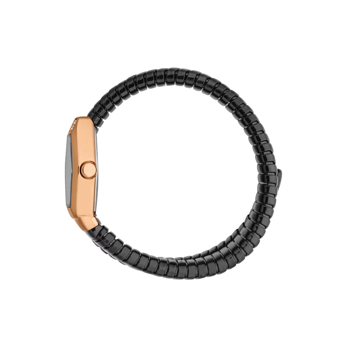 Black beaded bracelet with rose gold clasp on a white background