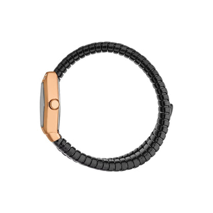 Black beaded bracelet with rose gold clasp on a white background