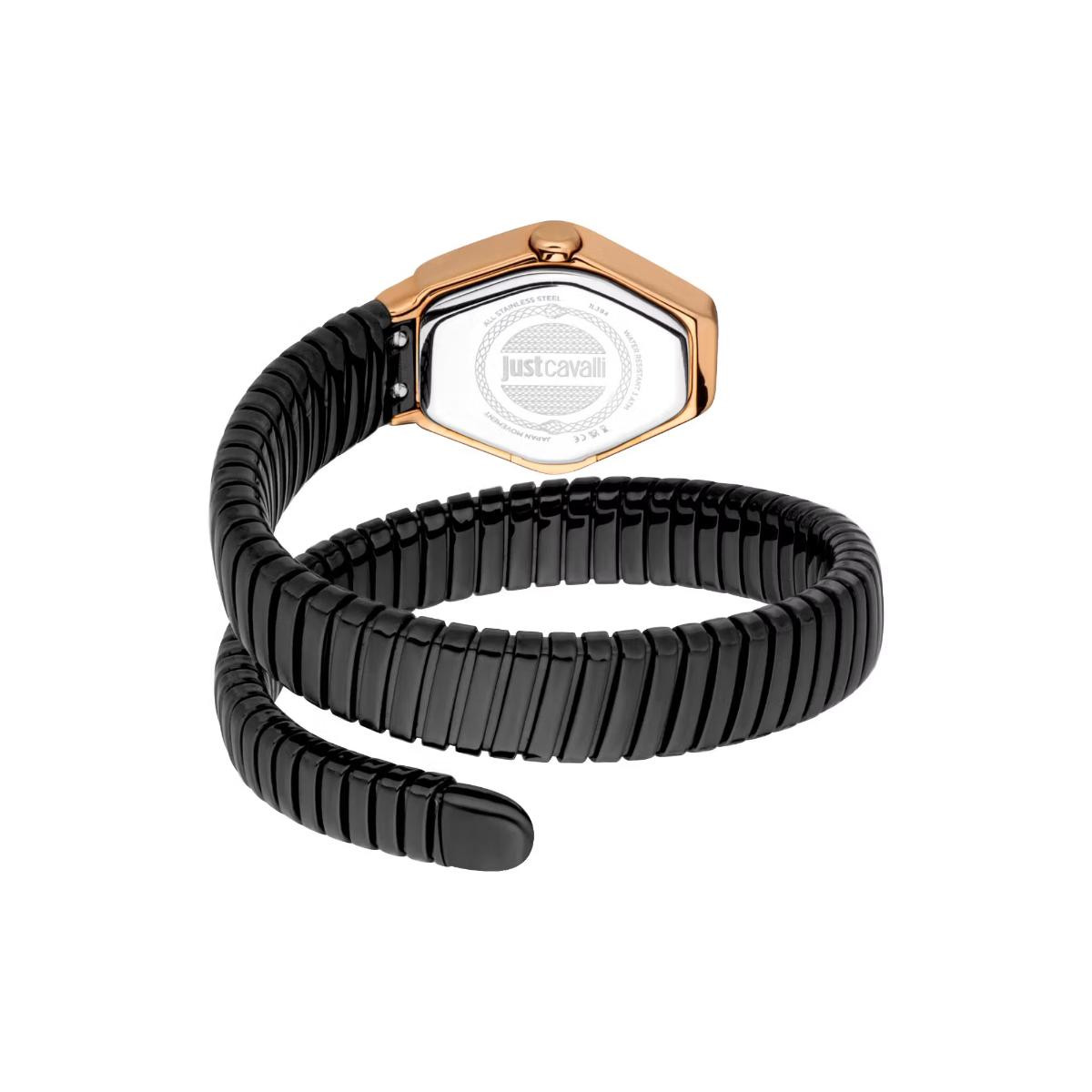 Black spiral watch with rose gold accents on a white background
