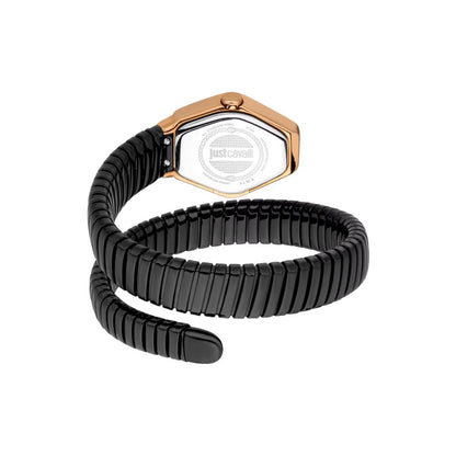 Black spiral watch with rose gold accents on a white background