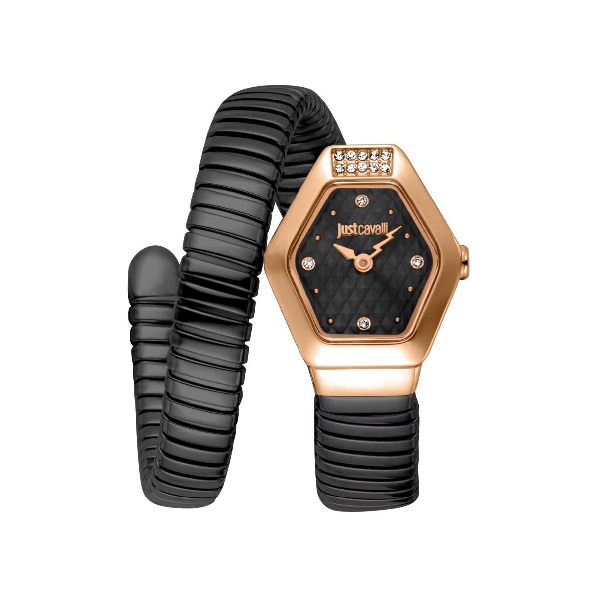 Black watch with rose gold case and Just Cavalli branding on a white background